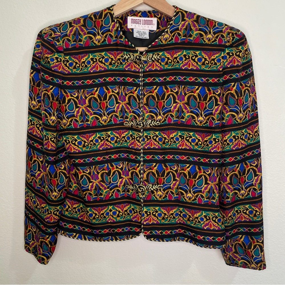 Vintage Maggy London Petites 100% Silk Filigree Pattern Jacket - Jewel Tones